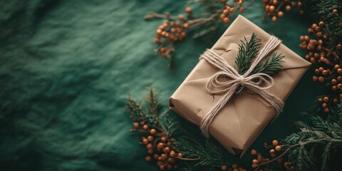 Wrapped gift box with twine and foliage on a textured green background, surrounded by berries and greenery, viewed from above.