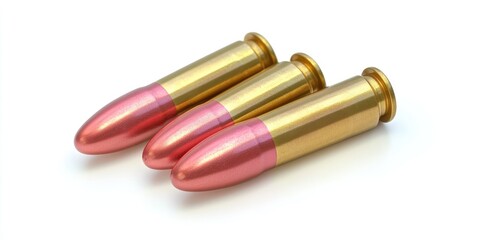Nonlethal ammunition featuring three elongated rubber projectiles with gold casings and pink tips arranged horizontally on a white background