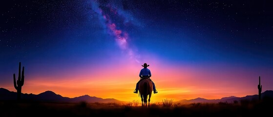Fototapeta premium [Majestic mountain vistas at dusk] Panoramic Night Sky Over Mountains with Lone Rider and Sunrise/Sunset Hues