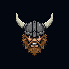 A fierce illustration of a Viking warrior's head, adorned with a horned helmet and a long beard, displaying an angry expression.