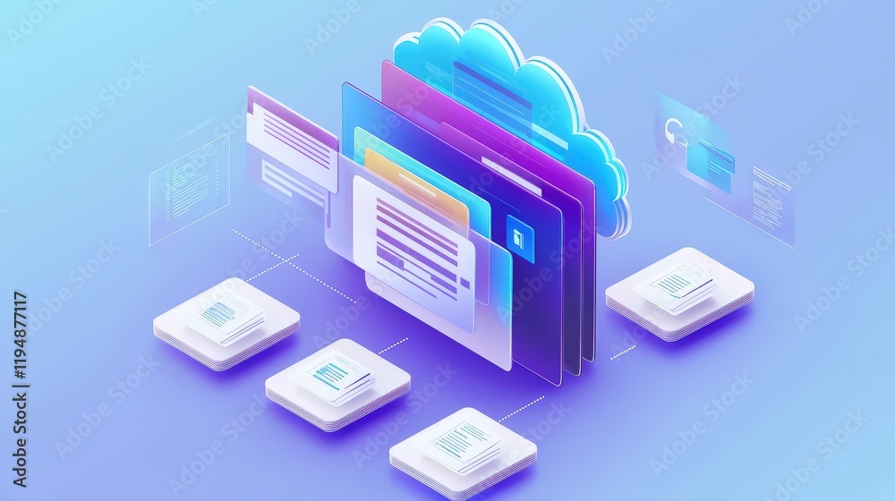 Poster modern cloud-based document management system with organized files and virtual interface for online 