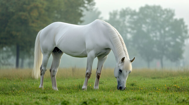 An elegant horse grazing in a misty morning field - Powered by Adobe