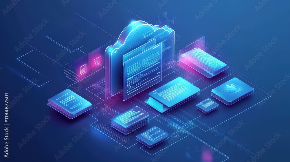 Poster digital cloud computing system with online documentation and database management tools, illustrating
