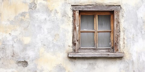 Vintage wooden window framed by aged cement wall textures with soft yellow and gray tones creating a rustic atmosphere ideal for text placement.