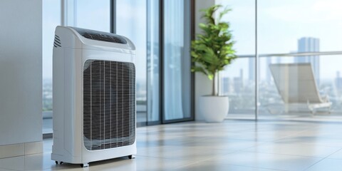 Air conditioner unit on light tiled floor in bright room with large windows and greenery in the background showcasing modern home maintenance setup