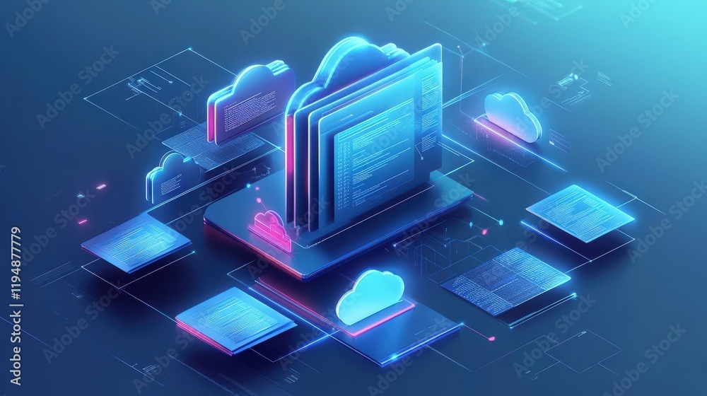 Poster dynamic concept of online database documentation with cloud storage and digital files representing s