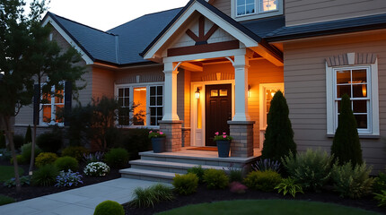 Obraz premium Dream House Exterior at Night: Stunning Architecture and Landscaping