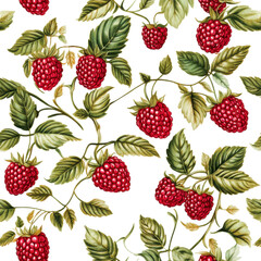 Raspberry Delight A Seamless Pattern of Lush Red Raspberries and Green Leaves on a Black Background