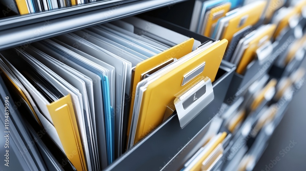 Poster organized files in metal cabinet representing efficient online documentation and database management
