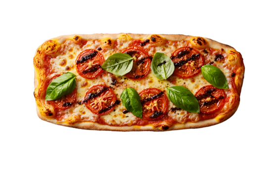 Grilling fresh tomato and basil pizza outdoor kitchen food photography contemporary setting top-down view culinary delight