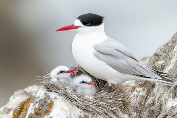 An Arctic tern nesting on a rocky outcrop, overlooking the Arctic Ocean. 