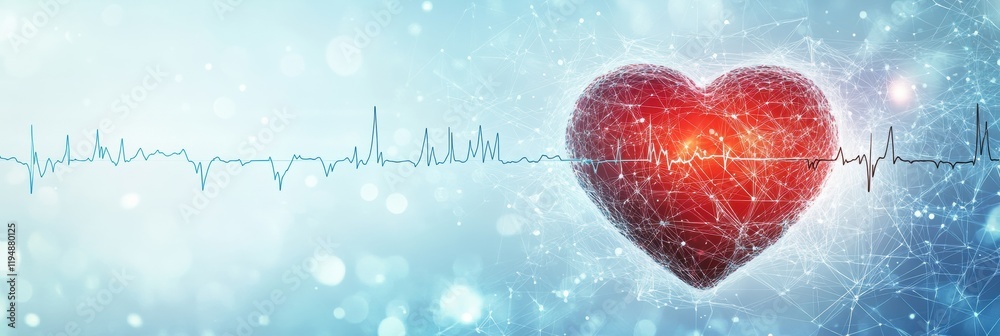 Poster Glowing red heart with dynamic cardiogram illustrating health and vitality in a vibrant digital environment. Generative AI