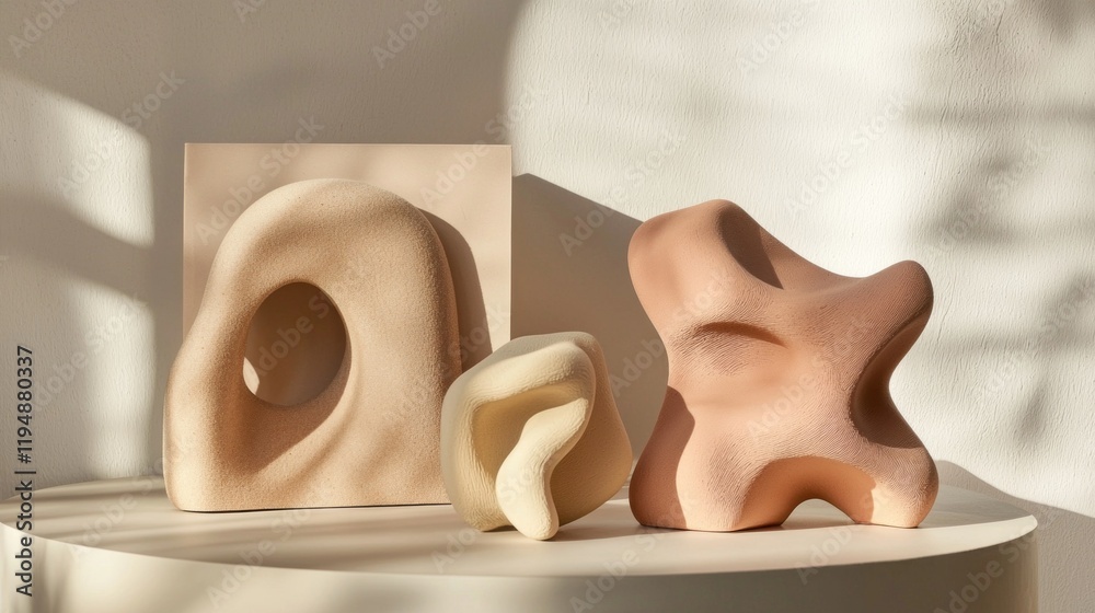 Poster Mocha mousse sculptures are arranged on a minimalist table, casting intriguing shadows as the soft natural light accentuates their unique textures and forms, creating an artistic focal point