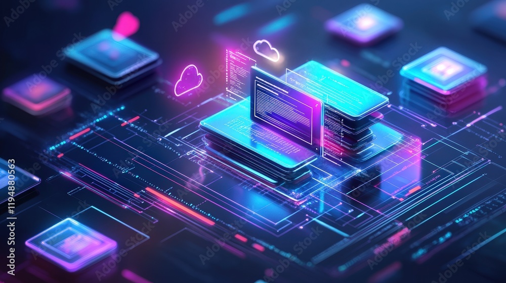 Poster futuristic concept of online documentation and database management with digital elements and cloud t