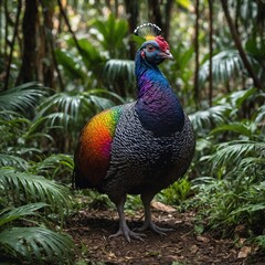 A guinea fowl with dazzling rainbow feathers roaming a lush tropical rainforest filled with exotic plants.