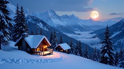Fototapeta premium Winter landscape with snow-covered houses, pine trees, moonlight over the mountains and a peaceful view at dusk