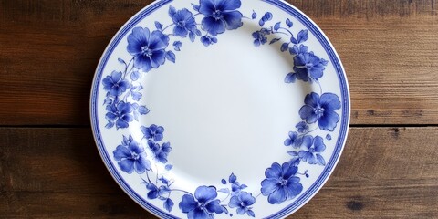 Vintage blue and white bone china plate with delicate purple flowers arranged centrally on a wooden table with a rustic texture
