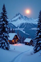 Fototapeta premium Winter landscape with snow-covered houses, pine trees, moonlight over the mountains and a peaceful view at dusk