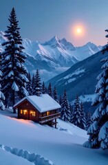 Fototapeta premium Winter landscape with snow-covered houses, pine trees, moonlight over the mountains and a peaceful view at dusk