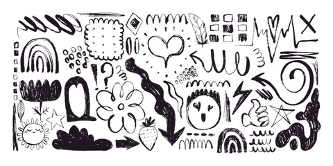 Grunge Charcoal and Pencil Girly Scribbles. Hand drawn design doodle shapes. Creative playful banner with graffiti abstract elements