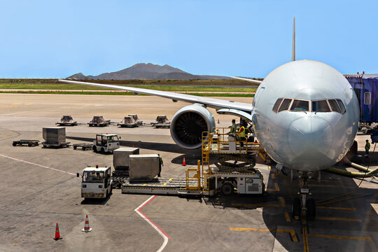 Commercial airplane being prepared for flight by ground crew, including cargo loading and other services, stationed at an airport in clear weather day