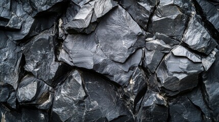 A striking close-up of dark, fractured rock formations creates a textured background