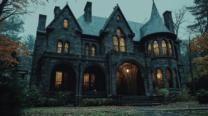 A dark, gothic mansion surrounded by autumn foliage.