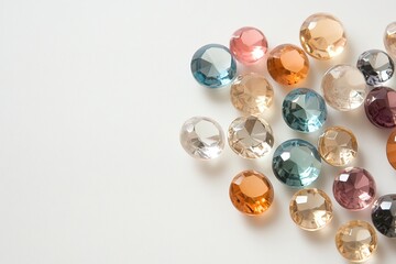 Colorful glass gems arranged on a light surface showcasing various shapes and hues for artistic projects