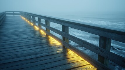 Misty ocean view from an empty boardwalk at dawn serene landscape tranquil atmosphere coastal perspective