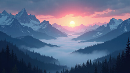 Majestic mountain sunrise over misty valley with vibrant colors and serene atmosphere