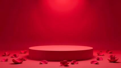 A blank round podium on a red background, perfect for product launches for Valentine's Day and International Women's Day