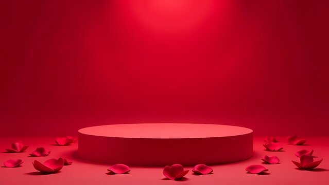 A blank round podium on a red background, perfect for product launches for Valentine's Day and International Women's Day