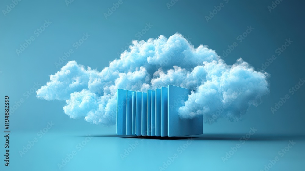 Poster online documentation database with clouds representing digital storage and information access in a m