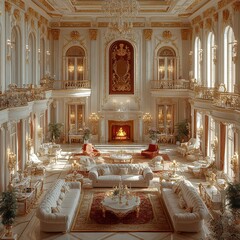 [Luxury hotel lobby interior design] Luxury Hotel Lobby Interior with Grand Chandeliers and Marble Flooring