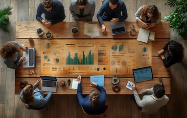 Diverse business team analyzing data at a large wooden table.