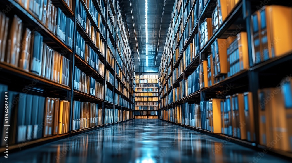 Poster vast perspective of organized documents in an online database with colorful folders and file storage