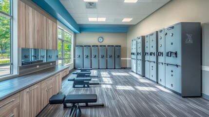 Modern fitness center locker room with AI-generated architectural design, highlighting sleek finishes, functional layout, and contemporary aesthetics