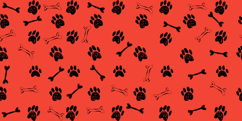Grunge Cute Paws with Texture in Seamless Pattern. Hand drawn pencil animal paws with bones perfect for fabric print, wrapping paper