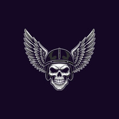 A stylized illustration of a skull wearing a motorcycle helmet and large wings.