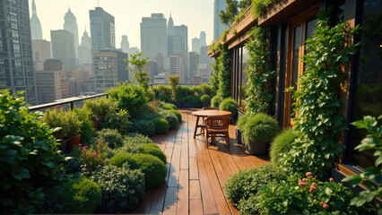 Obraz premium Rooftop garden oasis with city skyline view during sunset