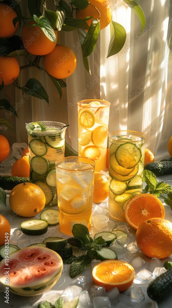 Aufkleber fruit and vegetable juice with various fruits and vegetables on the table, surrounded by plastic cup