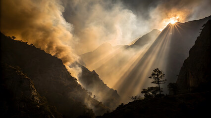 Fototapeta premium Smoky mountain valley with dramatic sunlight breaking through peaks, silhouetted trees, and vivid atmospheric light at sunrise