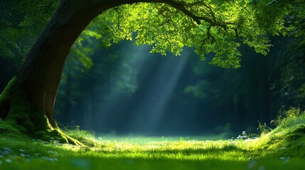 Naklejka premium [Serene forest clearing with tree and sunlight] Serene Forest Glade with Sunlit Tree Framing Peaceful Pathway