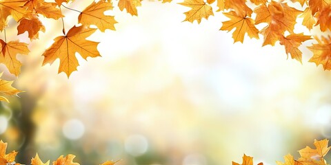 Obraz premium Abstract autumn background with vibrant yellow leaves framing the top, softly blurred light hues in the center providing spacious copy area.