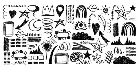 Collection of Grunge Charcoal and Pencil Girly Sketches. Hand drawn design doodle shapes. Creative playful banner with graffiti abstract elements