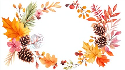 Autumn floral wreath frame, empty space, artistic, background, illustration, possible use in design, print, or digital media