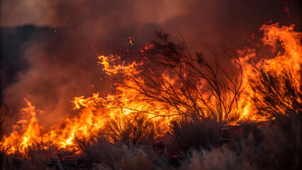 Intense wildfire engulfing dry bushes, with smoke and sparks rising against a dark backdrop. Concept of natural disaster