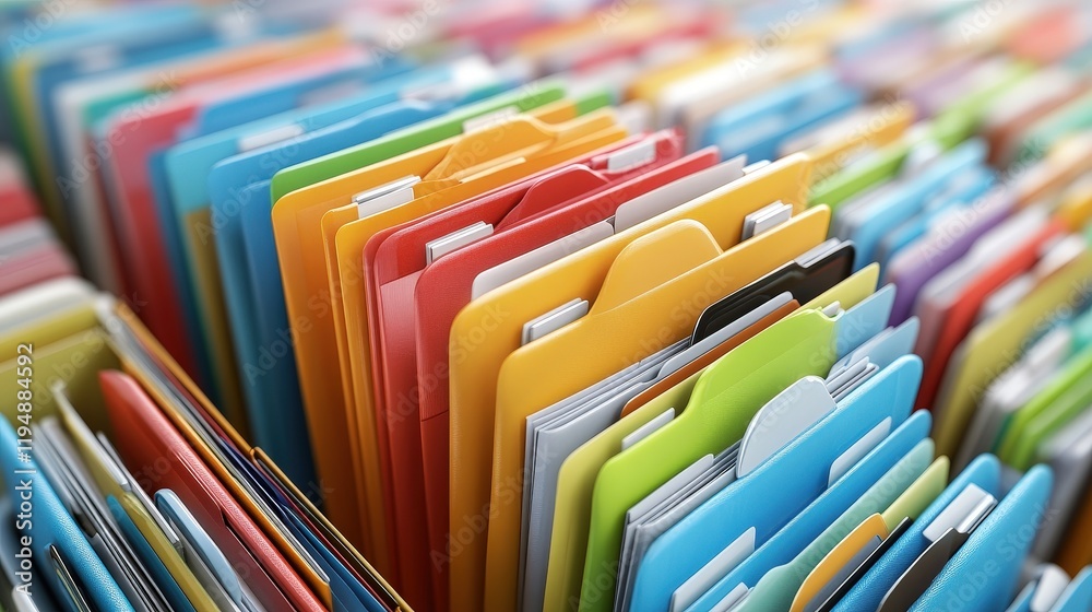 Poster colorful file folders in a modern office setting representing online documentation and database mana