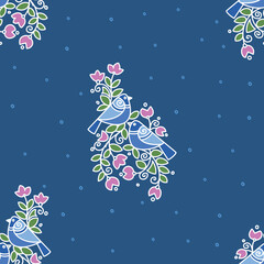 Seamless pattern with birds and flowers on a blue background.