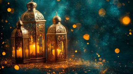 Obraz premium Ornate Golden Lanterns Glow Brightly Against Dark Background